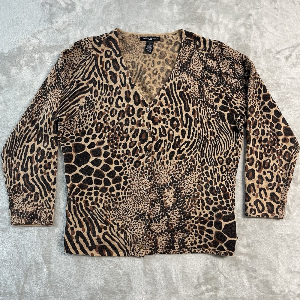 Elena Solano 2X Lambs Wool Cardigan Animal Print Button Sweater Womens Plus